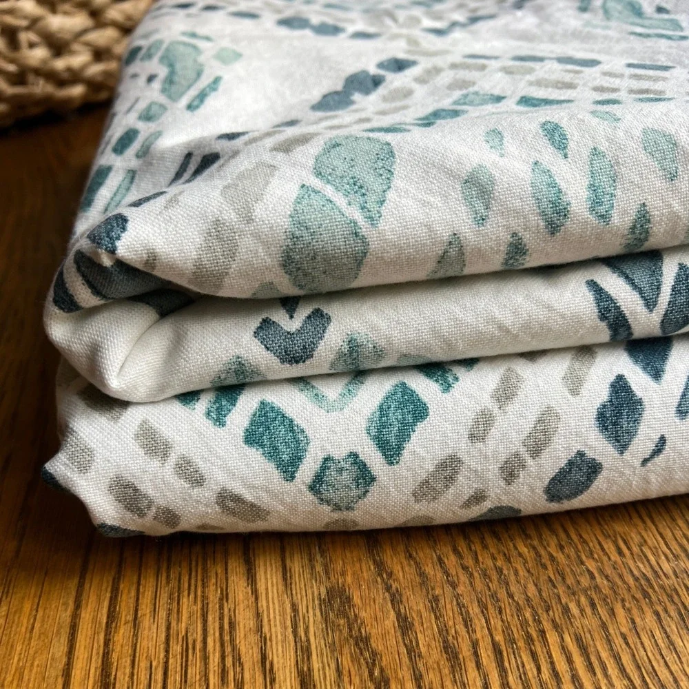 2 West Elm Curtains Cotton Canvas Mosaic Medallion 48x96 White Teal Blue Ikat